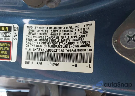 2006 Honda Civic Lx из США, поврежденный, VIN 1HGFA16586L031120